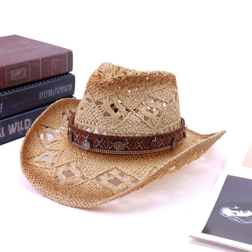Multicolor Malan Paper Rope Hollow Western Cowboy Hat Hand-woven Sun Straw Hat Sun Protection Hat