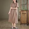 2024 Summer Japanese Style Cotton-Linen Polo Collar Midi Dress for Women