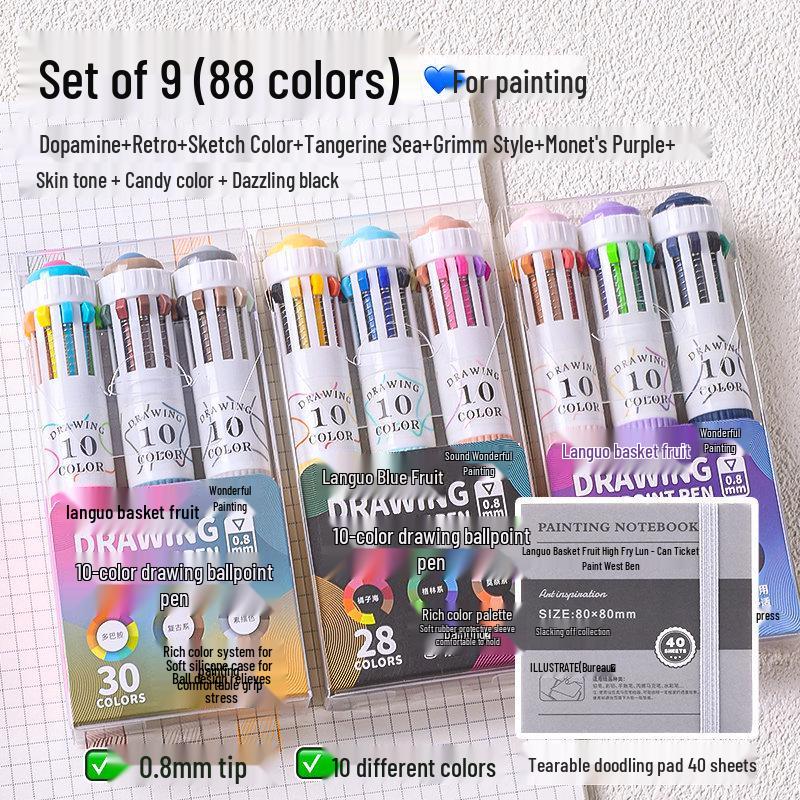 10-Color Stackable Ballpoint Pen Set – Press-Type, Multi-Functional Pens for Drawing & Journaling for Elementary Students