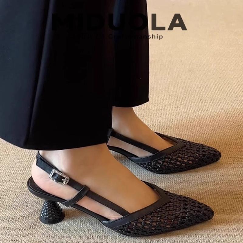 Fashion 2025 Summer Shoes Skeletonized Fashionable Leather Fabric Mid-heel Women Sandals French Square-toed Woven High-heeled Sandals