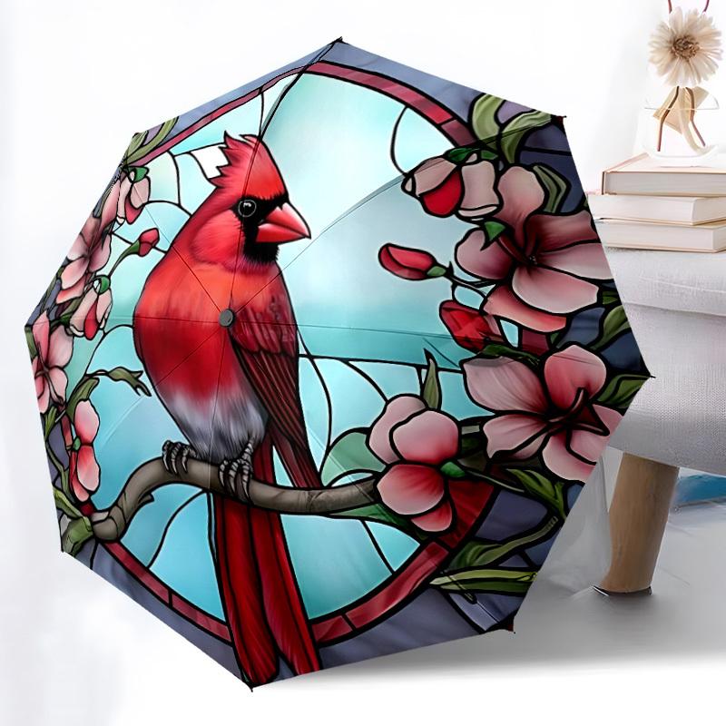 1pc Stained Glass Cardinal Compact Travel Umbrella, Automatic Folding Lightweight Windproof 8-Bone Reinforced Design, Portable for Backpack