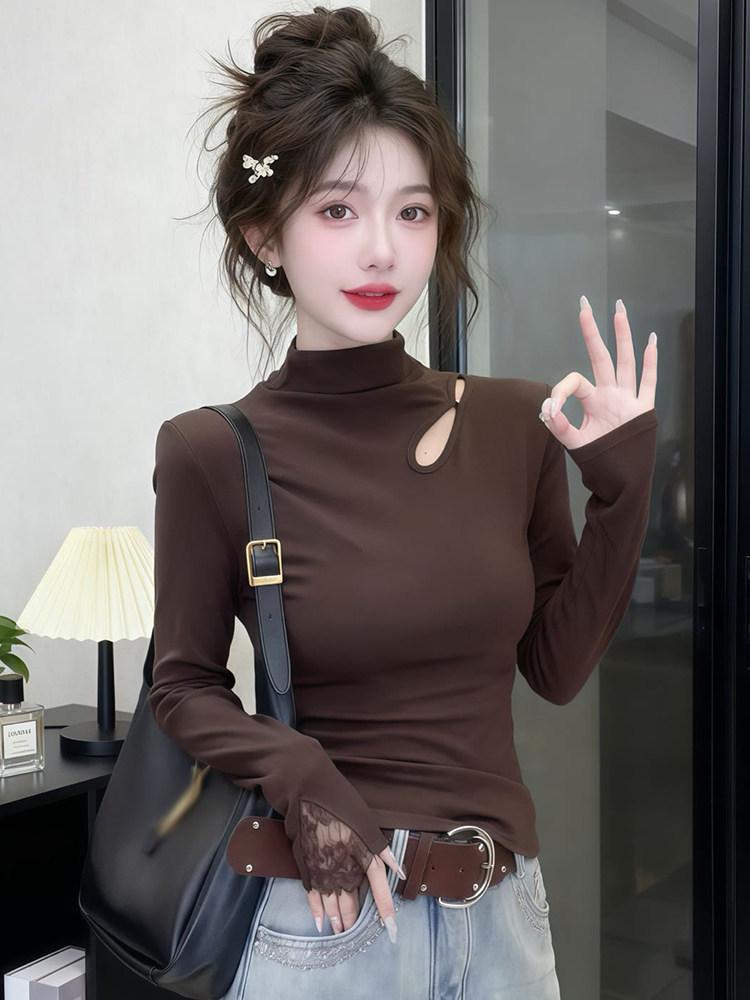 Damen Elegante Schlanke Passform Hoher Kragen Cut-Out Fleece Thermo-Unterhemd - Langarm Herbst/Winter Oberteil