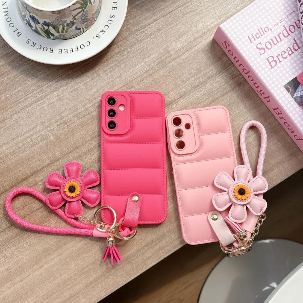 Ins Sunflower Down Jacket Lanyard Case for Samsung Galaxy S25 S24 Ultra S23 S22 Plus A55 A56 A16 A54 A35 A15 Wrist Strap Cover