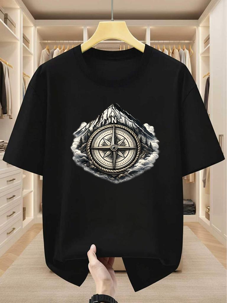 Plus Size Men'S T-Shirt 100% Mountain And Compass Pattern Round Neck Short Sleeve T-Shirt Comfortable Casual Short-Sleeved T-Shirt in Summer