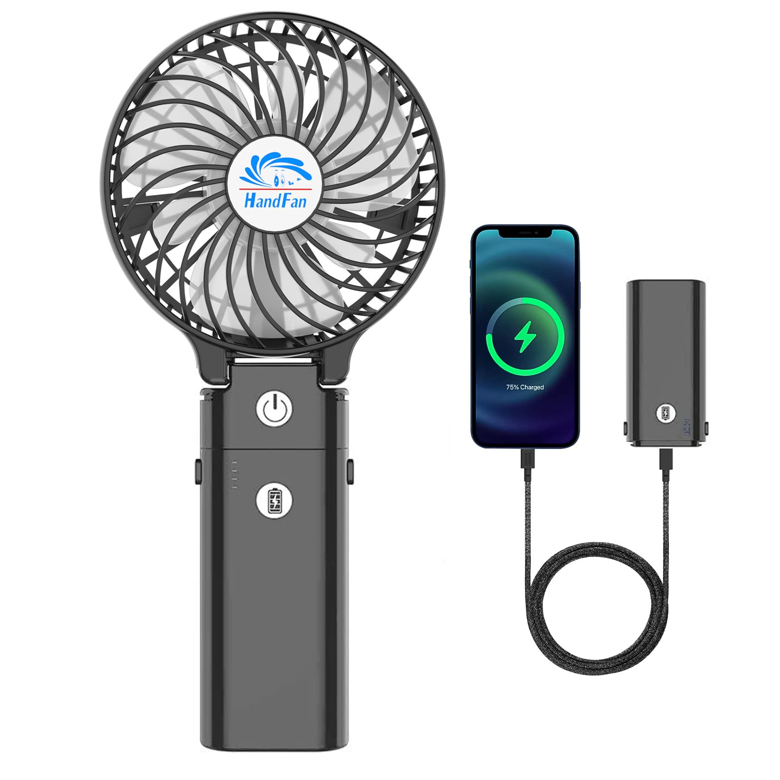 

HandFan Portable Quiet 3 Tabletop 6 Heatstroke Cable Included Fan, 5200mAh, 20dB, Compact, Speeds, Clip-on, Fan, Blades, 180° Folding, Portable, чорний
