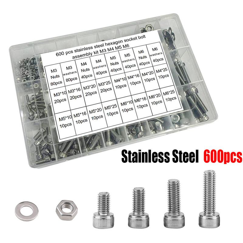 600-piece Stainless Steel Hex Bolt and Nut Kit, M3 M4 M5 M6 for Industrial Equipment and Home Maintenance.