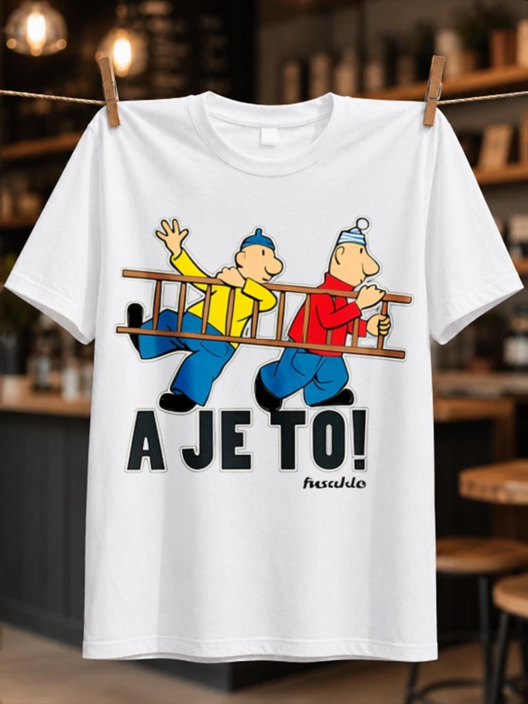 A Je To Cartoon Ladder Carrying Duo With Bold Czech Phrase And Cheerful Retro Animation Style Fun Unisex All Tshirt