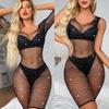 Stylish Black Fishnet Lingerie: Sexy See-Through Bodysuit with Tempting Hollow Design