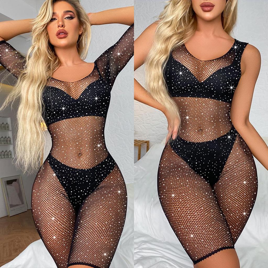 Stylish Black Fishnet Lingerie: Sexy See-Through Bodysuit with Tempting Hollow Design
