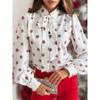 Sweet Spring New Arrival Fashion European and American Style Work Clothing Print Single-Breasted Lace up Bows Long Sleeve Shirt Top Women