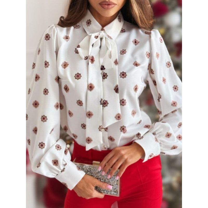 Sweet Spring New Arrival Fashion European and American Style Work Clothing Print Single-Breasted Lace up Bows Long Sleeve Shirt Top Women
