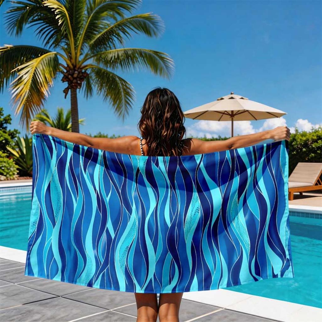 1Pc Blue Wave Print Beach Towel, Soft Comfy Lightweight Design. Portable Unisex Towel For Swimming, Surfing, Camping And Travel