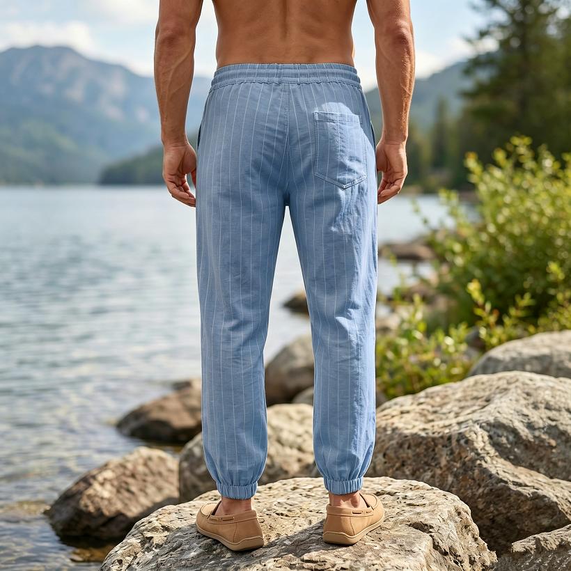 Men's Casual Striped Linen Pants Loose Fit Straight Leg Long Trousers Sporty American Style Men's Wear Breathable Casual Sports Trousers