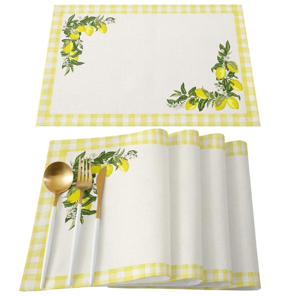 1PC Lemon Idyllic Plaid Fruit Kitchen Dining Table Decor Accessories Placemat Heat Resistant Linen Tableware Pads Mats