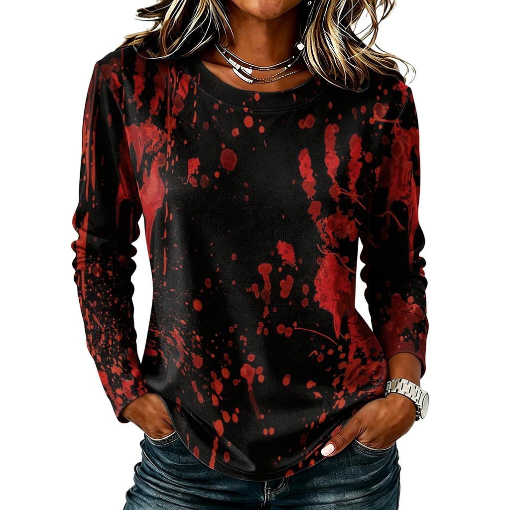 Women's Casual Long Sleeve Halloween Print Top, Round Neck Blouse for Fall Daily Wear