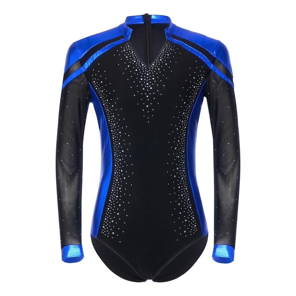 Sparkly Metallic Patchwork V Neck Bodysuit for Men Mesh Long Sleeve Rhinestone Leotard for Latin Ballet Figure Skating Gymnastics Training