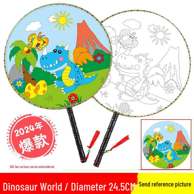 DIY Children's Silk Cloth Round Fan with Bamboo Handle - Palace Style Hand-Painted Kindergarten Craft