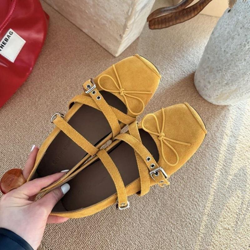 Soft Leather Version 6cm Inner Height Increase Square Head Bow Belt Buckle Shallow Mouth Mary Jane Single Shoes Women's Soft-soled Ballet Shoes