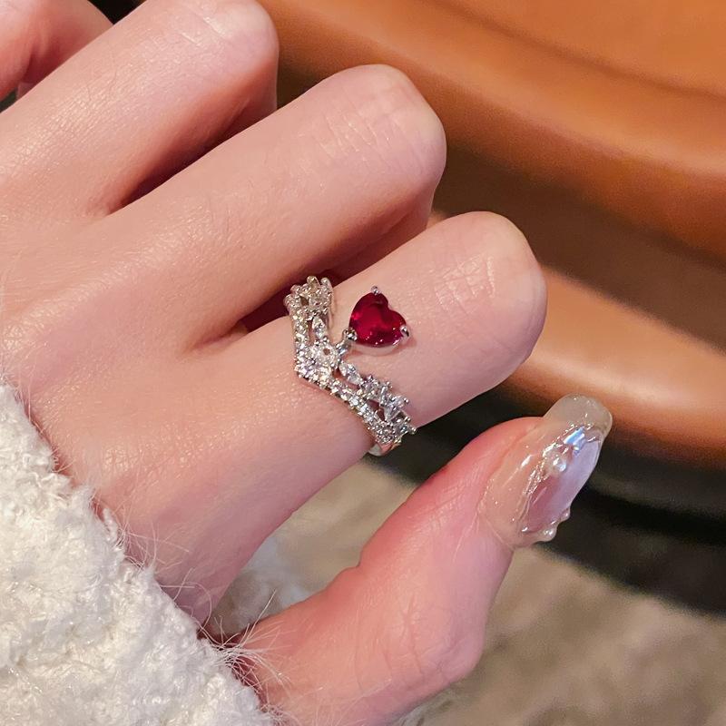 Medieval Brushed Imitation Pigeon Blood Red Ruby Open Ring, High-End Personality Diamond-Set Super Fairy Temperament Accessories