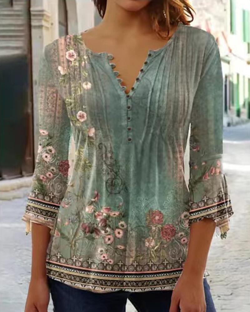 Europe and The United States Women's Floral Print V-neck Short-sleeved T-shirt Bottoming Shirt
