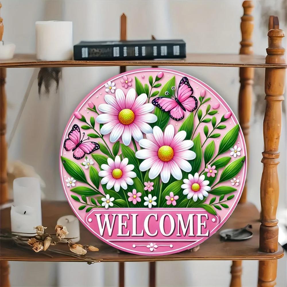 Vintage Pink Butterfly Daisy Aluminum Wall Sign, Rustproof Round Metal Art for Home Porch Entryway Decor