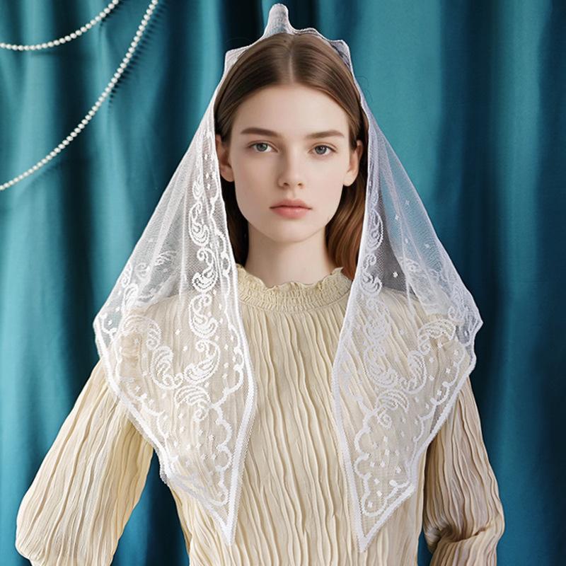 1 Piece Lace Hollow Solid Color Triangular Shawl Women'S Scarf With Virgin Embroidery Monochrome Breathable Headscarf
