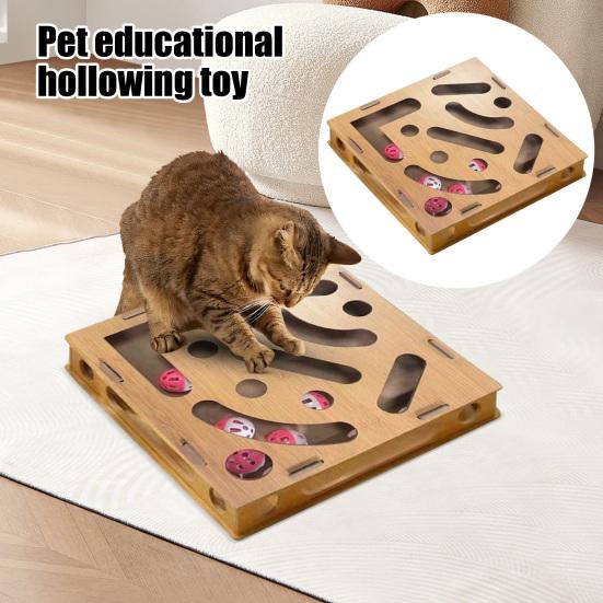 Puzzle Box Cat Toy Wooden Maze Game Box Interactive Kitten Peek Play Ball Toy Indoor Cats Hide And Seek Agility Toy