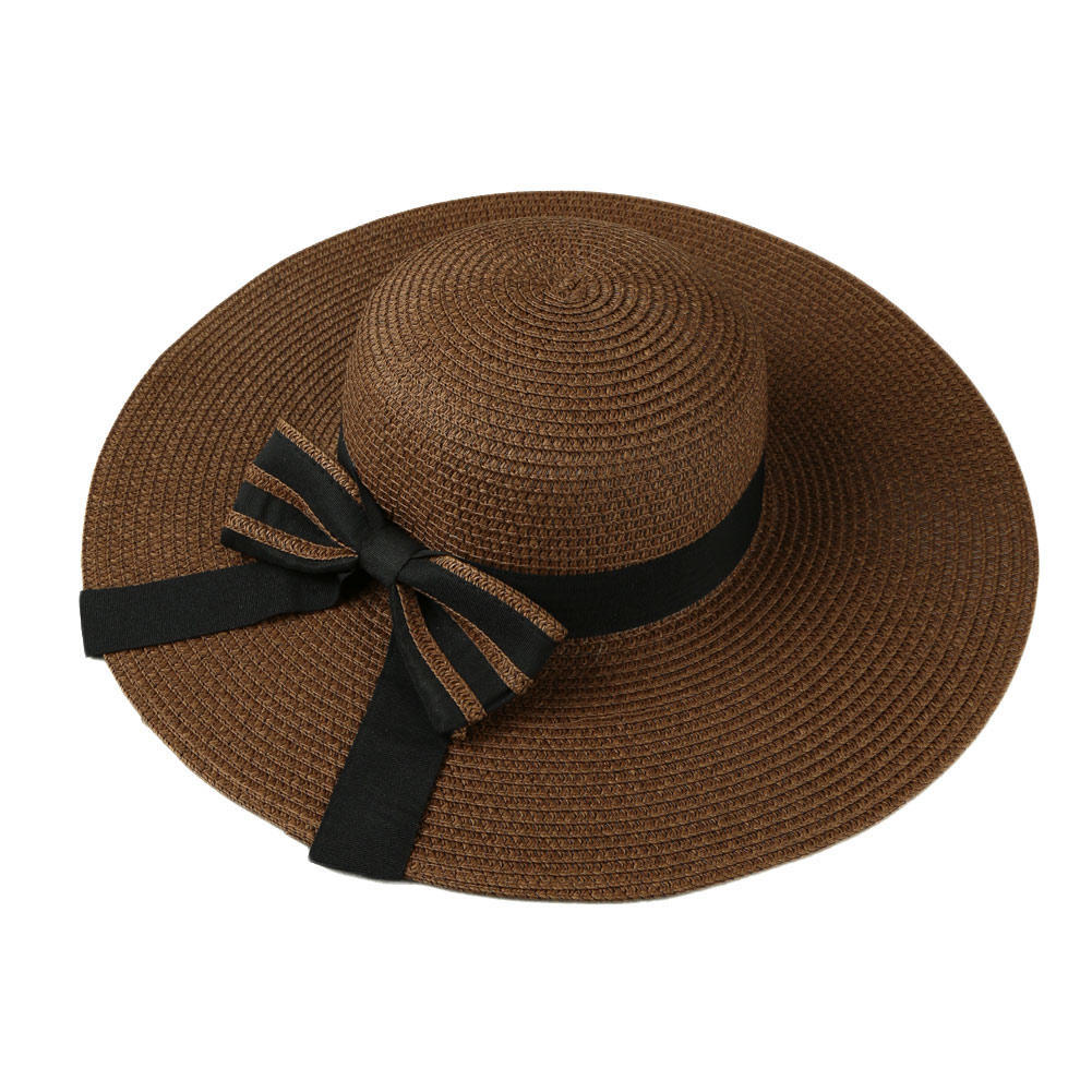 Women Wide Brim Summer Beach Sun Hat Bow Tie Straw Floppy Elegant Bohemia Cap