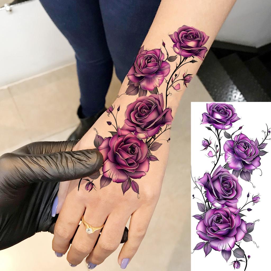 1 Sheet Colorful 3D Rose Flower Butterfly Temporary Tattoos For Women Adults Hand Foot, Waterproof Realistic Fake Tattoo Sticker