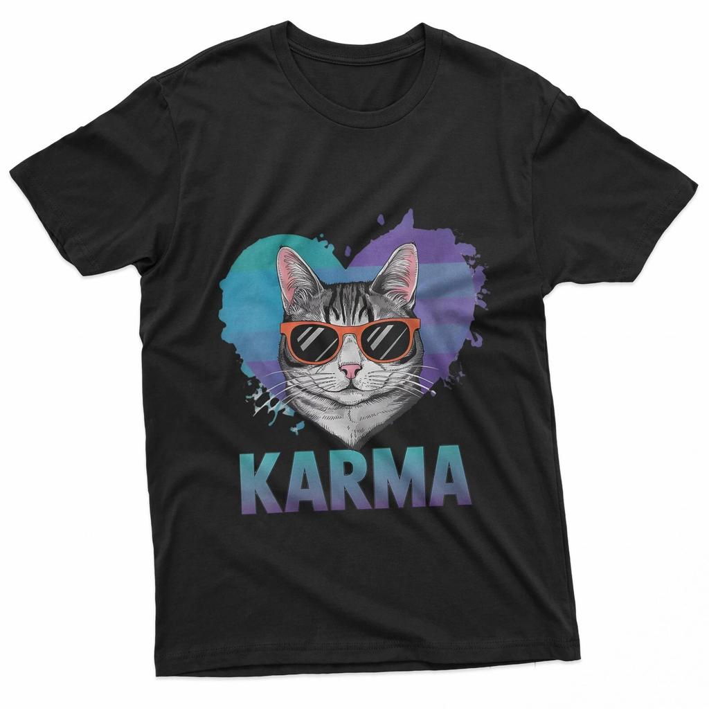 Womens Cat Karma Retro Sunset Heart Shape Summer Concert Vibes T-Shirt