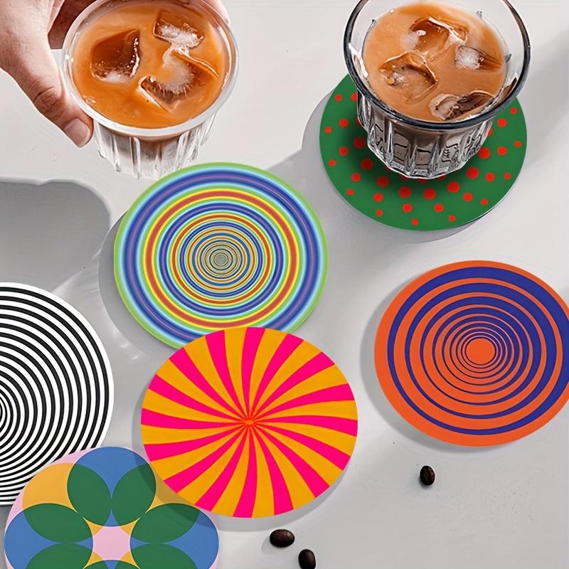 6 Pcs 4in Abstract Round Wooden Coasters Heat Resistant Non-slip Drink Cafe Decoration 2D FLat Color Print Orange Coasters Set