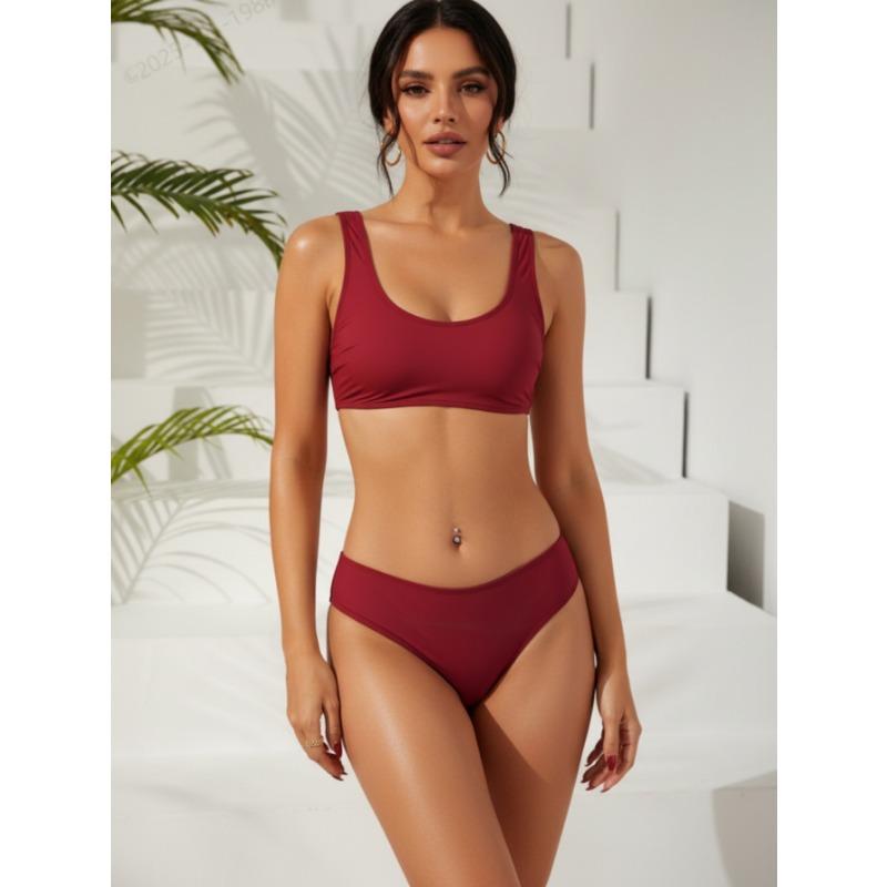 Women S Solid Color Split Swimsuit Beach Bikini Set