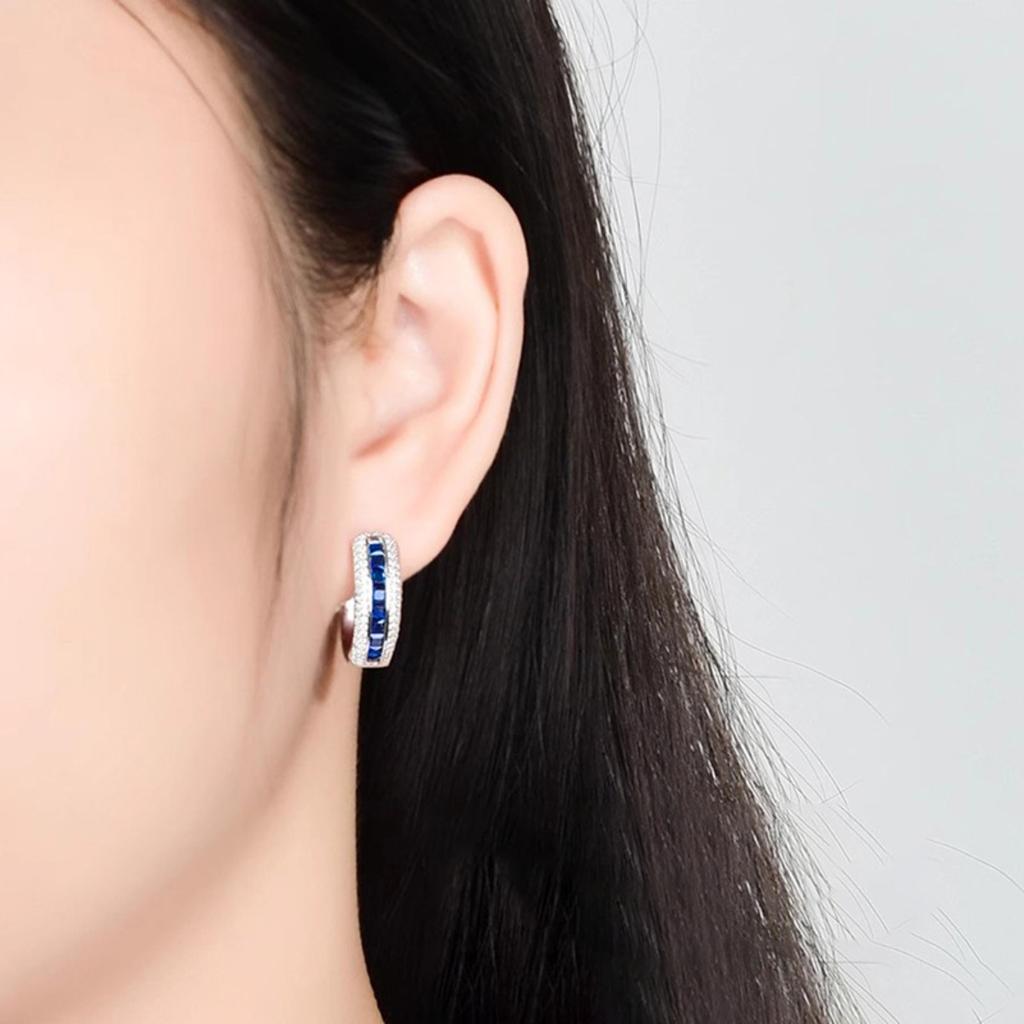 Three Row Two Tone Blue and Clear Stone Curved Huggie Hoop Earrings Women Elegant Ear Jewelry