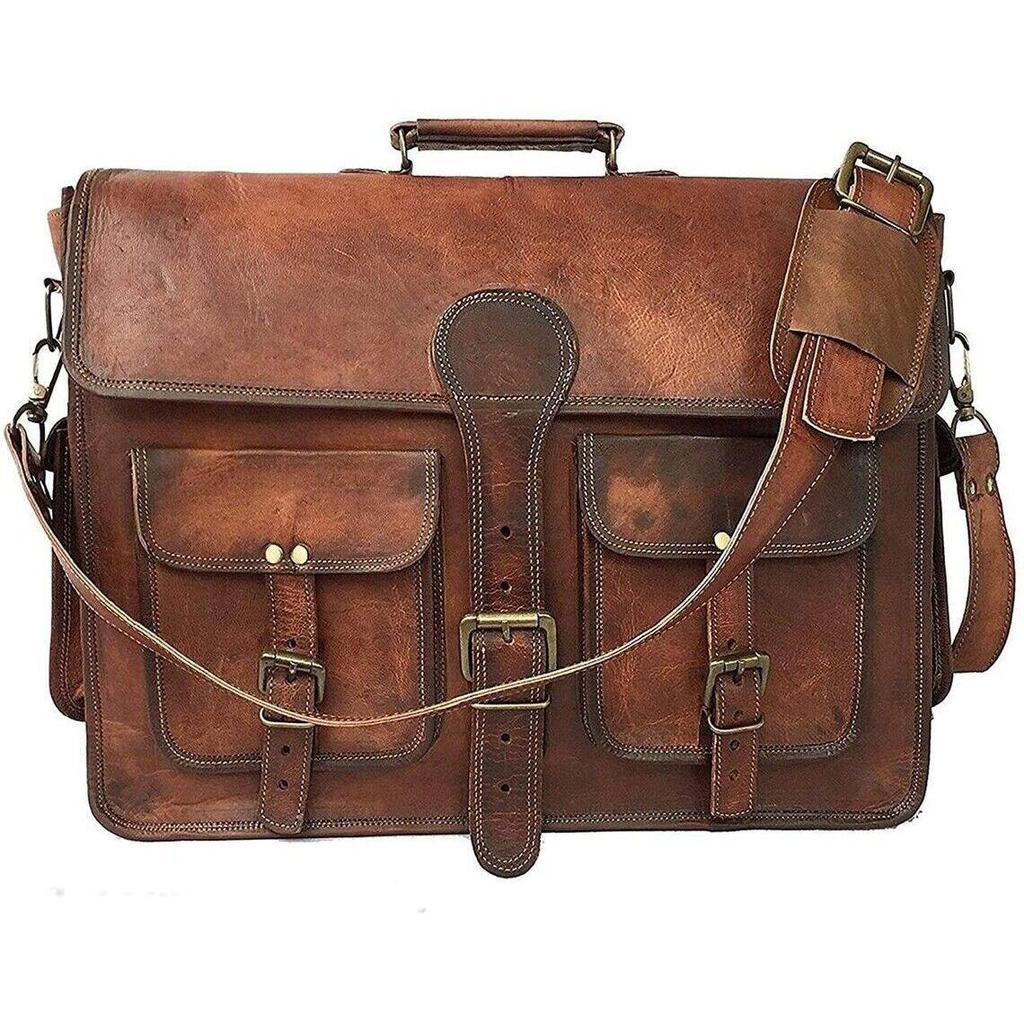 Bolso Bandolera Unisex De Lona Encerada - Para Portátil De 15,6", Impermeable, Cuero Genuino, Marrón