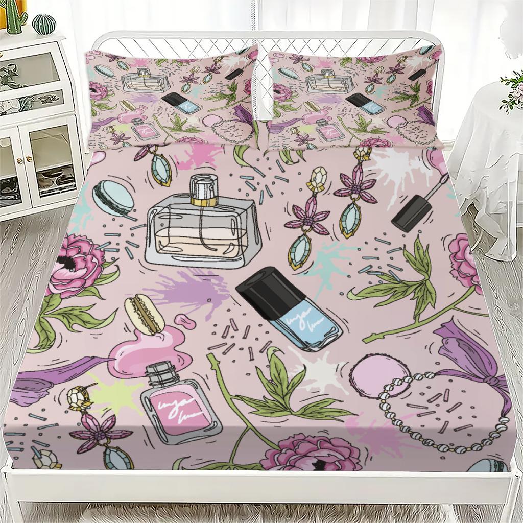 3pcs Pink Fitted Sheet Sets Gifts For Girls Perfume Bottles Flowers Jewelry Nail Polish 3D Printed Flat Sheet With Pillowcases