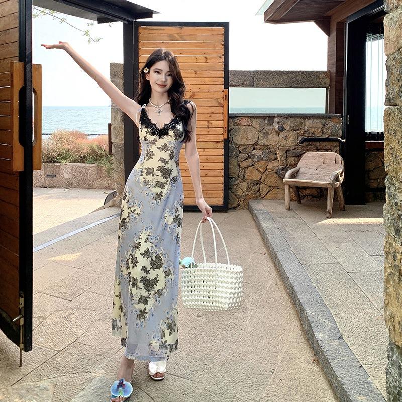 New Oil Painting Feeling Heavy Industry Splicing Lace Waist Floral Mesh Vacation Dress Women's Summer