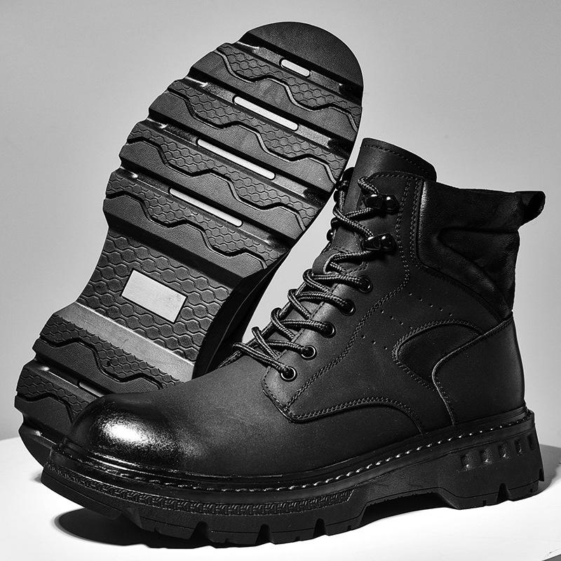 Herren Lederstiefel mit dicker Sohle, Martin-Stiefel, Winter-Werkzeugstiefel, lässige kurze Stiefel, High-Top-Lokomotiv-Herrenschuhe, Leder, rutschfest und verschleißfest