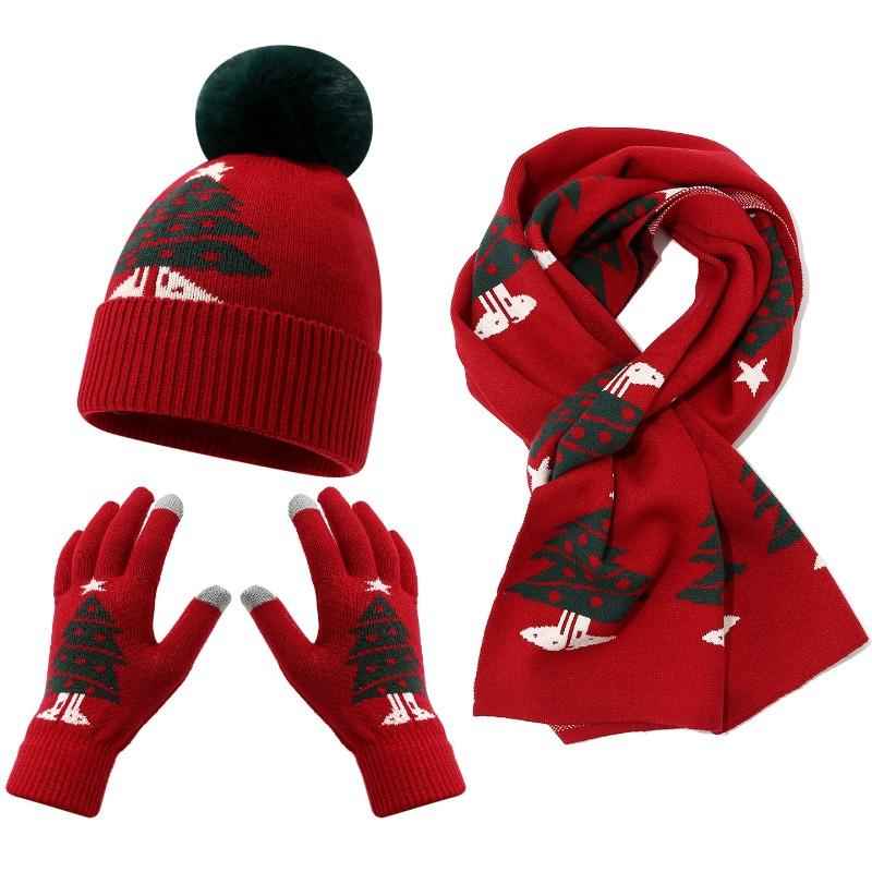 New Women's Christmas Tree Knitted Hat Scarf Glove 3-Piece Set Parent Child Winter Warm Knitted Hat
