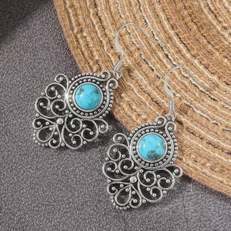 Vintage Copper Alloy Turquoise Earrings December birthstone Floral earrings Tribal earrings Gift Victorian-style earrings Bohemian style earrings