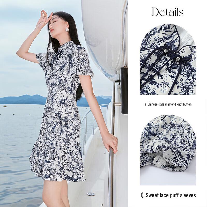 Elegant New Chinese Style Ink Print Puff Sleeve Cheongsam Dress