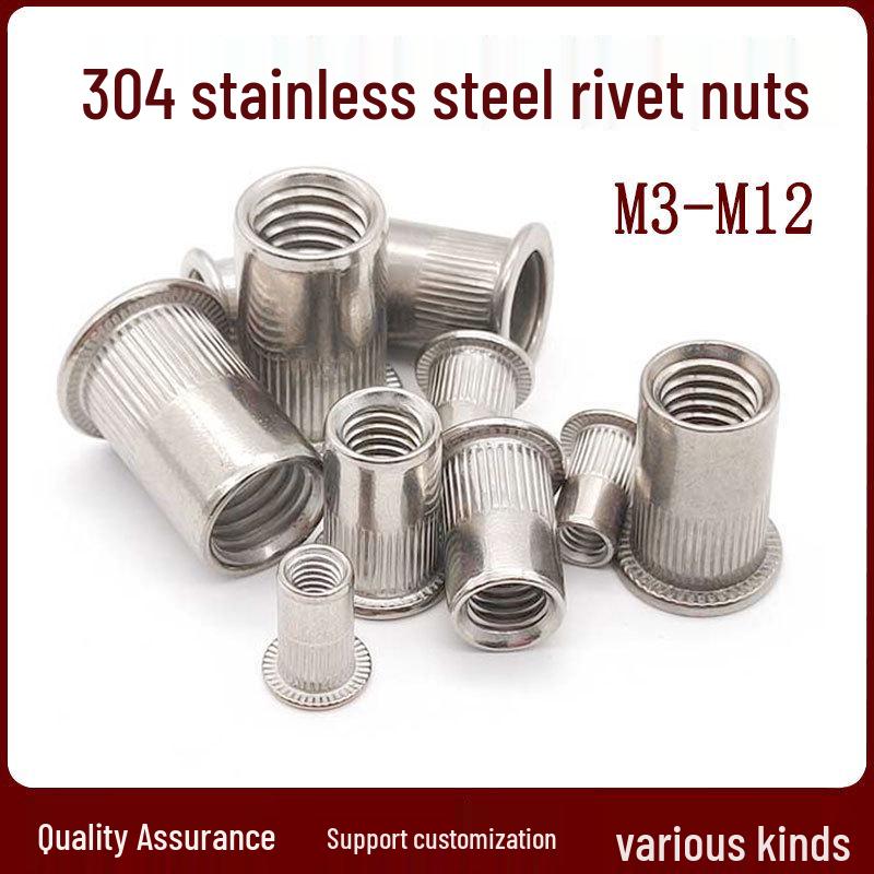 304 Stainless Steel Knurled Vertical Ribbed Flat Head Rivet Nut M3-M12
