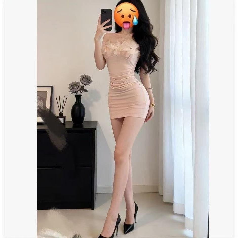 Spice Girl Style Sexy Three-dimensional Flower Splicing Tube Top Dress Women's Spring One-word Shoulder Slim and Thin Hip Skirt