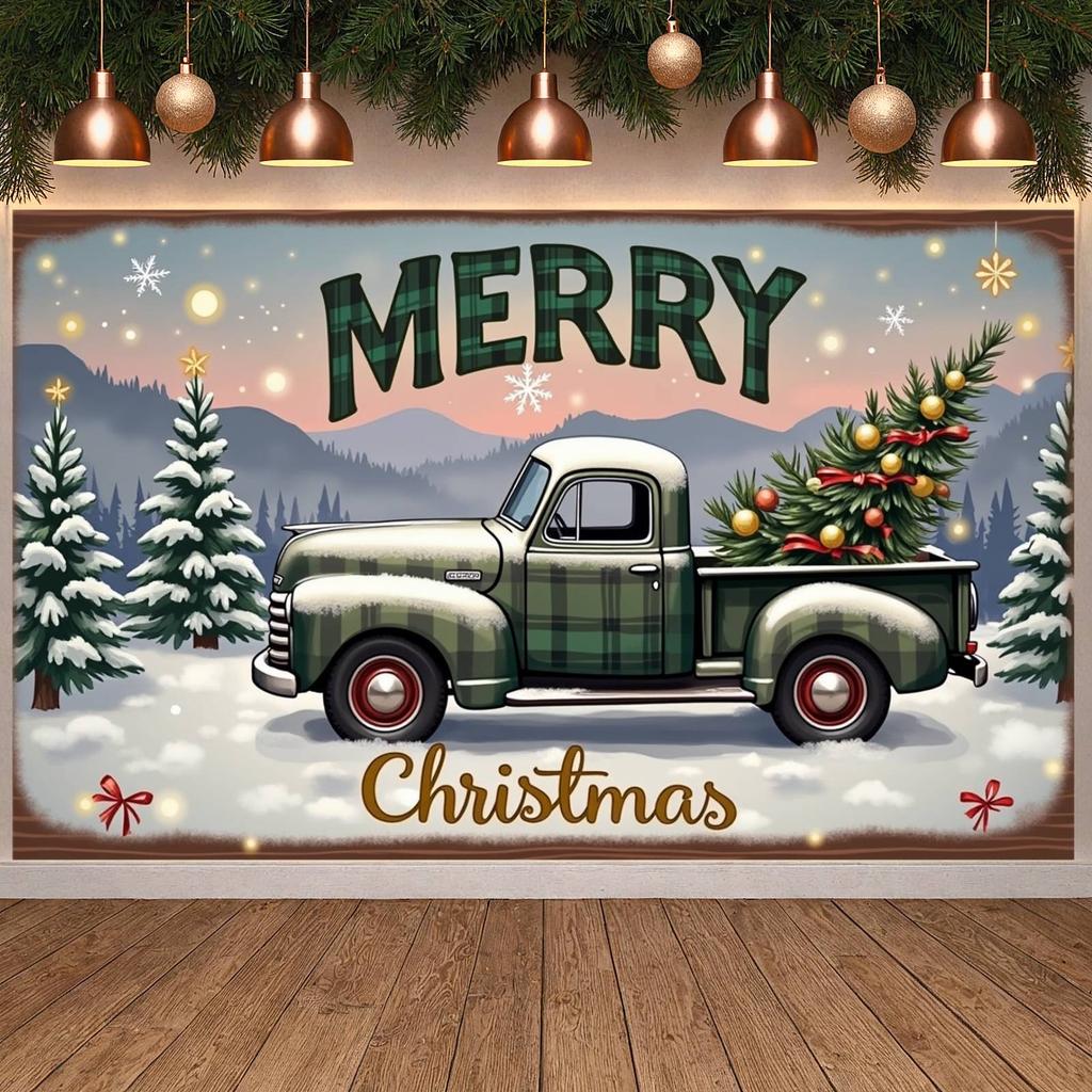Vintage Truck Banner Gold Ornaments Holiday Truck Display Christmas Banner Classic Truck Design Merry Christmas Banner