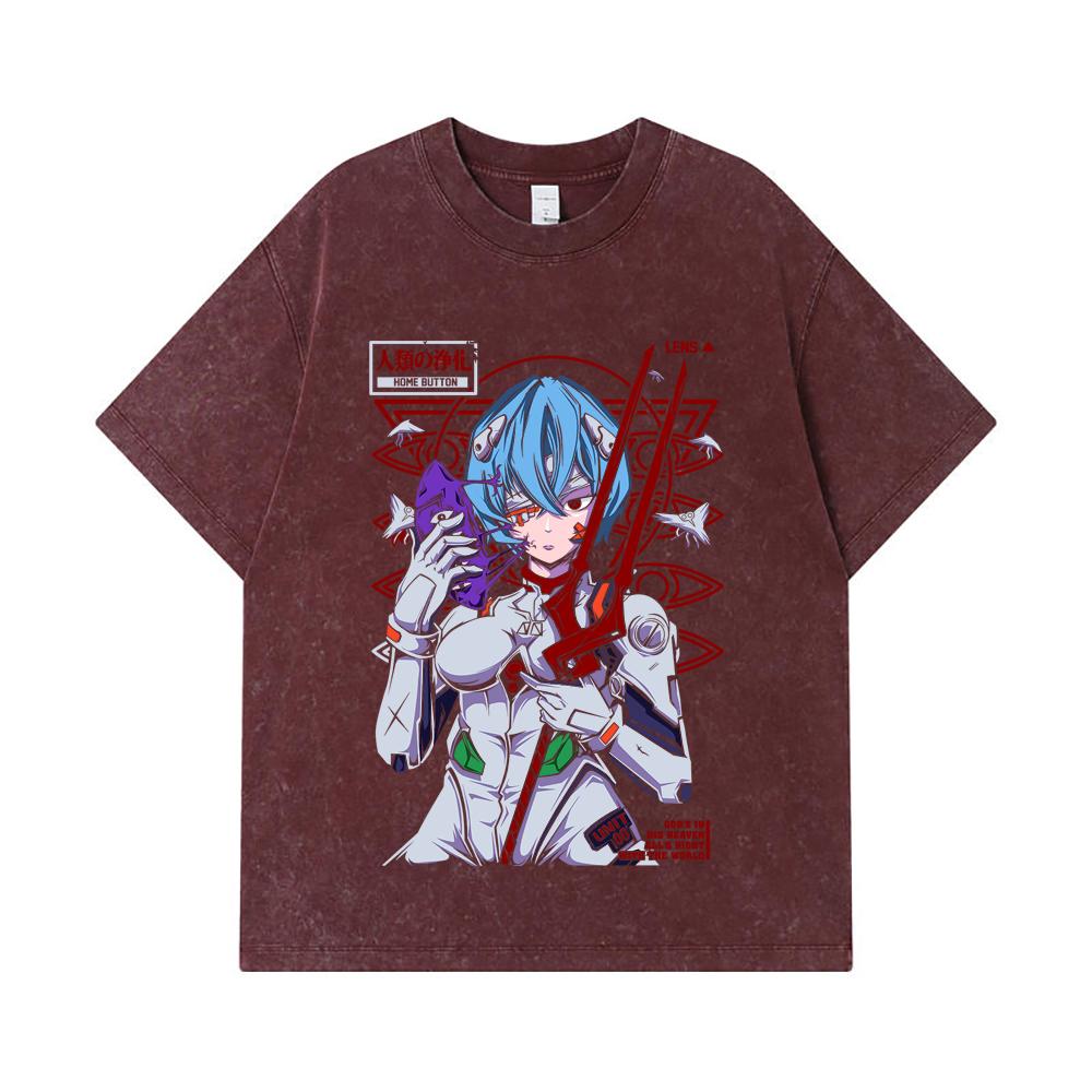 275 GSM Washed T-shirts 100% Cotton Evangelion V7 Rei Print Unisex Heavy Cotton T Shirt