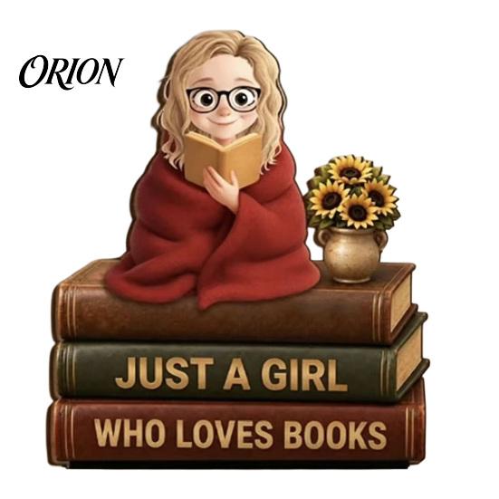 Detailed Wooden Craftsmanship 2D Flat Reading Girl Figurine with Stacked Book Design for Lovers, Small Ornament Bedside Table Decorative Tabletop