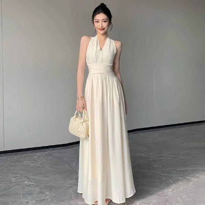 French White Sleeveless Neck V-neck Dress for Women's Summer New Beautiful Waist and Thin Big Swing Dress