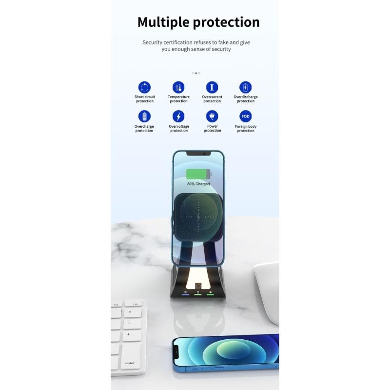 Magnetic Wireless Charging Station ABS Texture Suitable for Phone Watch Earphone Fast 15W Charging Built In Night Light