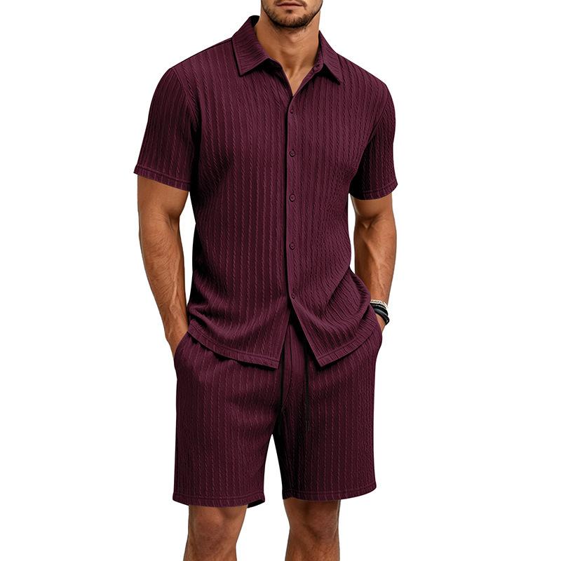 European Summer Men's Jacquard Casual Lapel Short Sleeve Shirt and Shorts Set