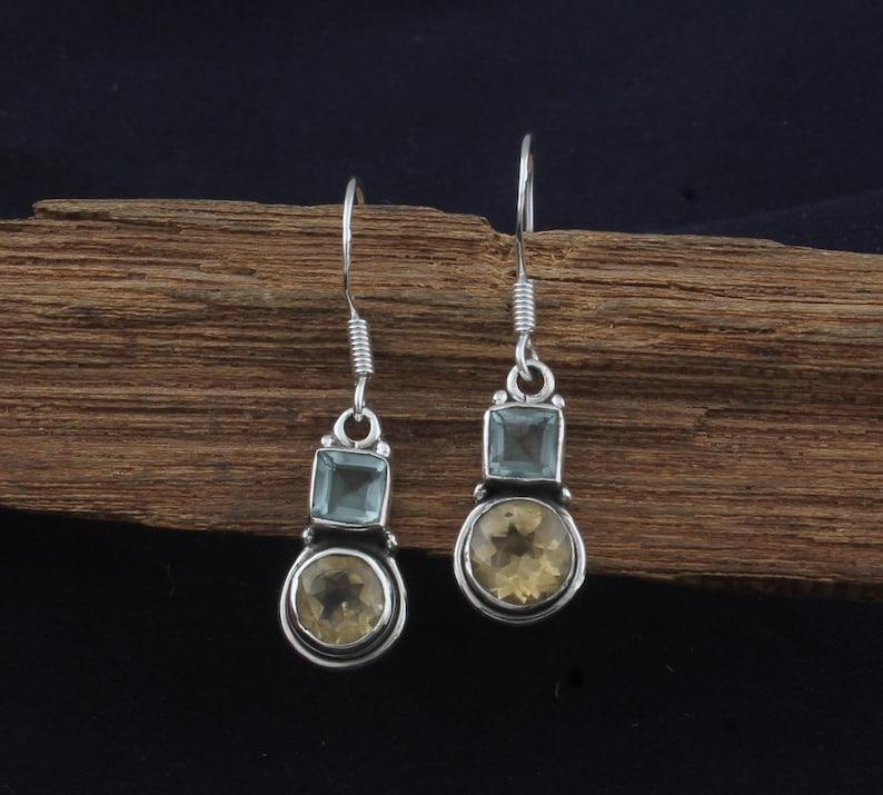 Blaue Topas & Citrin Edelstein Ohrringe, Massive 925 Sterling Silber Ohrringe, Geburtsstein Schmuck Geschenk für Mama