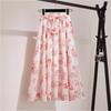 Pink Floral Print A-Line Maxi Skirt French High Waist Chiffon Skirt for Women QT118